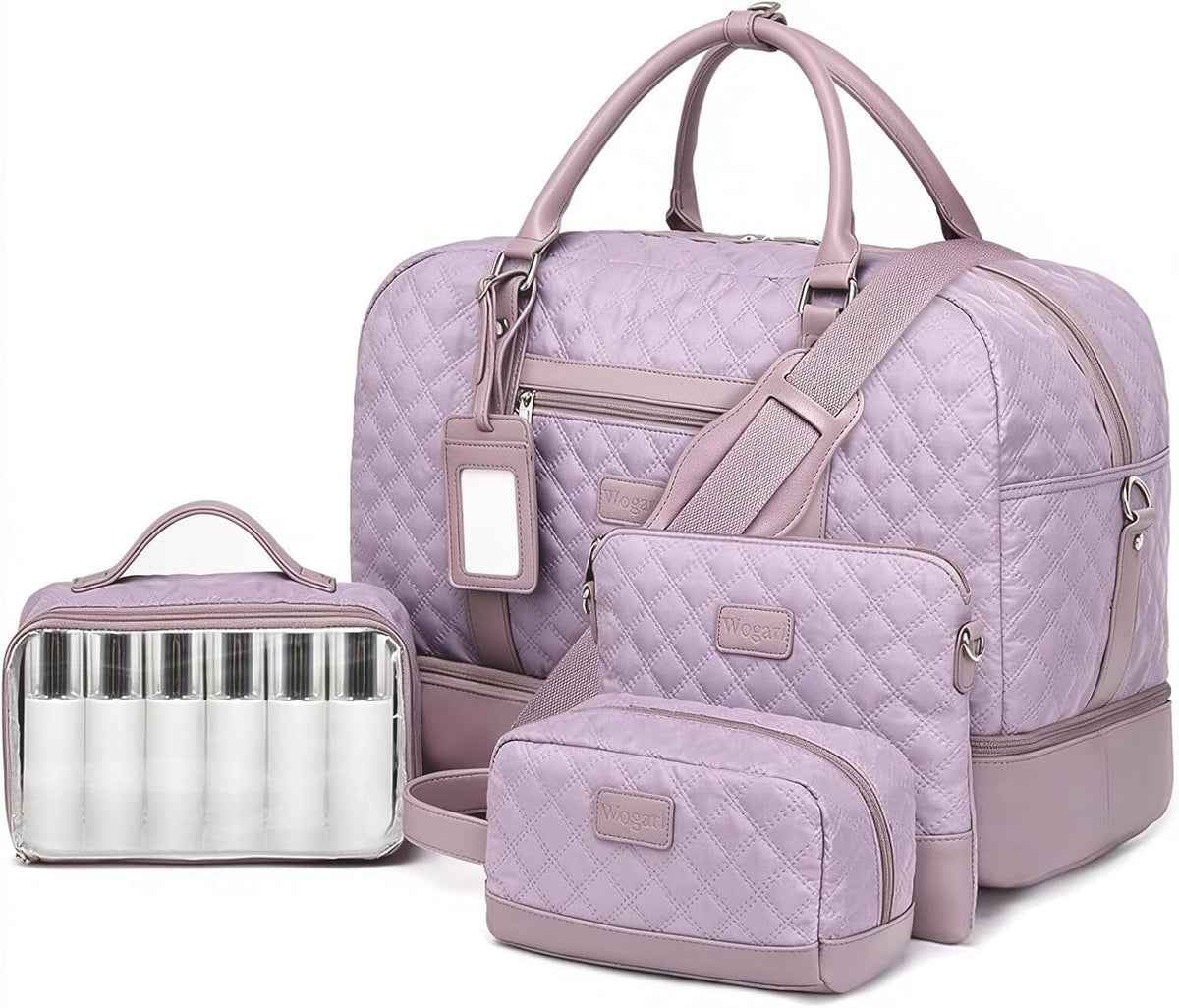 4PCS Weekender Bags for Women Large Overnight Weekend Travel Duffel Carry on Shoulder with Shoe Compartment Canvas Toiletry Bag for Travel Business Gym