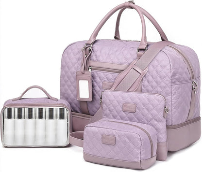 4PCS Weekender Bags for Women Large Overnight Weekend Travel Duffel Carry on Shoulder with Shoe Compartment Canvas Toiletry Bag for Travel Business Gym