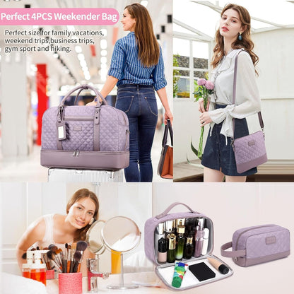 4PCS Weekender Bags for Women Large Overnight Weekend Travel Duffel Carry on Shoulder with Shoe Compartment Canvas Toiletry Bag for Travel Business Gym