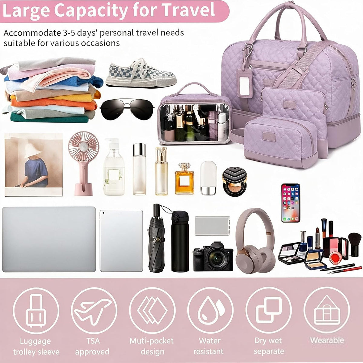 4PCS Weekender Bags for Women Large Overnight Weekend Travel Duffel Carry on Shoulder with Shoe Compartment Canvas Toiletry Bag for Travel Business Gym