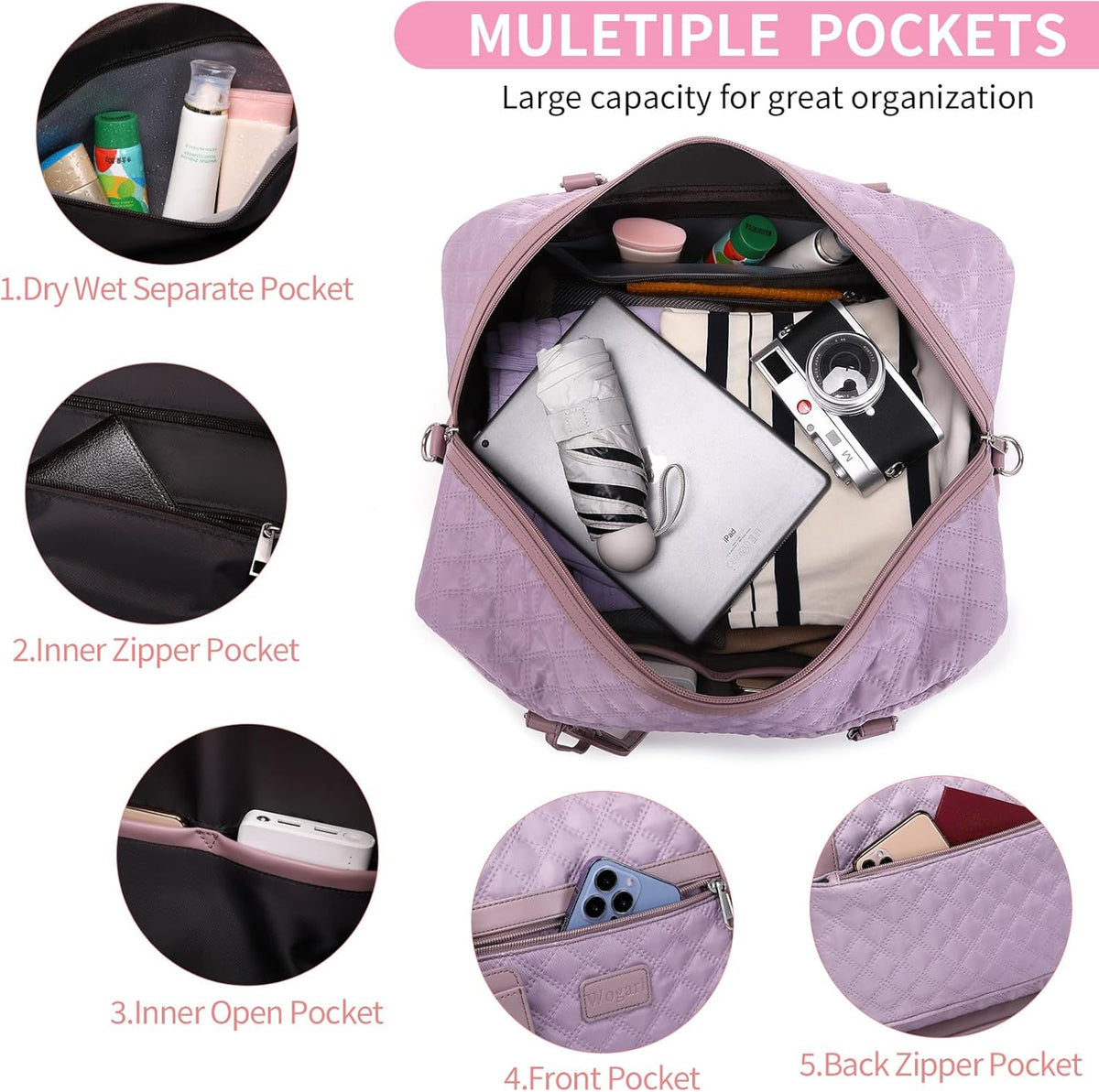 4PCS Weekender Bags for Women Large Overnight Weekend Travel Duffel Carry on Shoulder with Shoe Compartment Canvas Toiletry Bag for Travel Business Gym