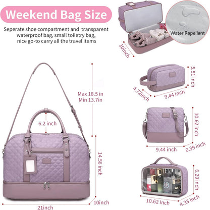 4PCS Weekender Bags for Women Large Overnight Weekend Travel Duffel Carry on Shoulder with Shoe Compartment Canvas Toiletry Bag for Travel Business Gym