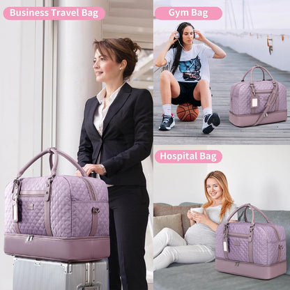 4PCS Weekender Bags for Women Large Overnight Weekend Travel Duffel Carry on Shoulder with Shoe Compartment Canvas Toiletry Bag for Travel Business Gym
