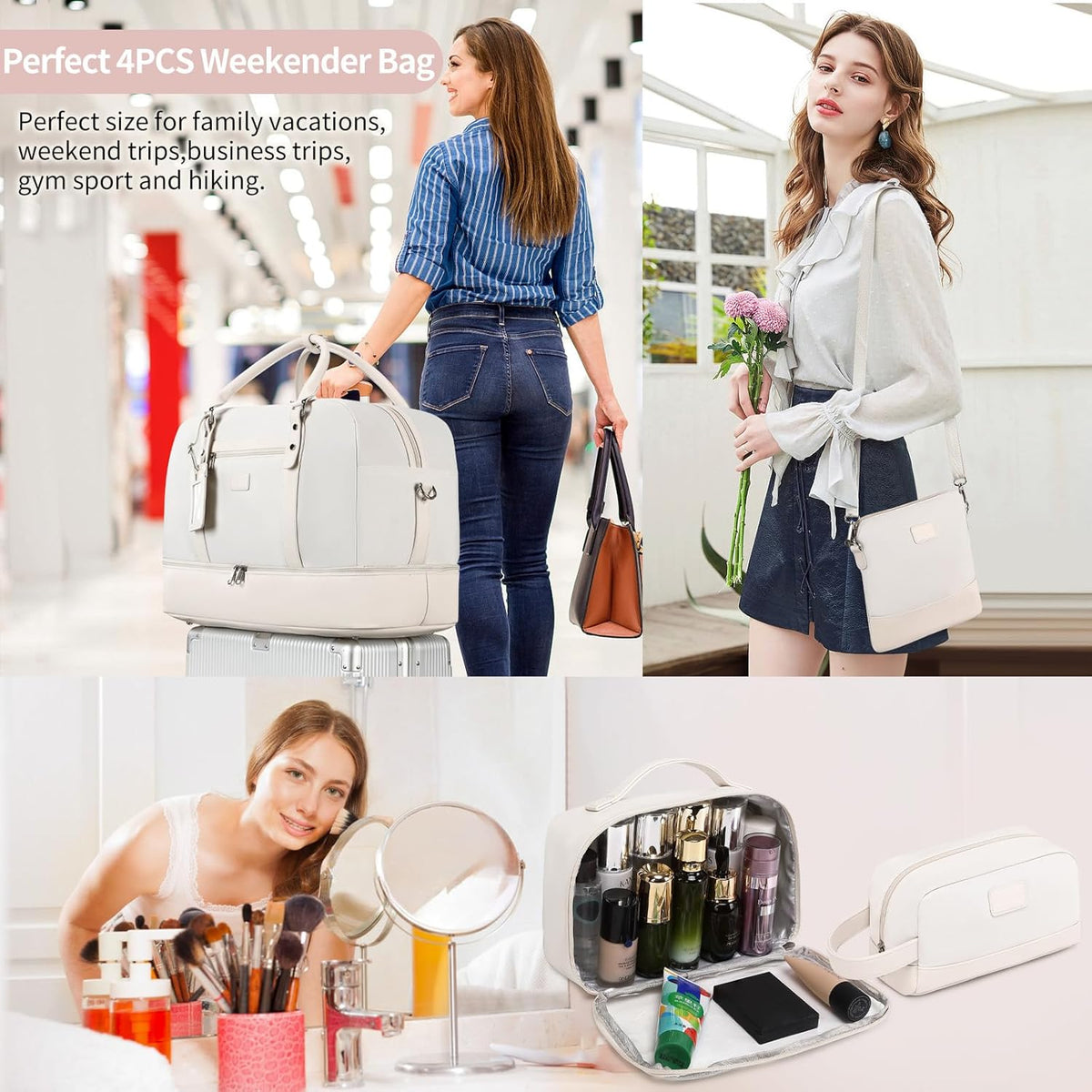 4PCS Weekender Bags for Women Large Overnight Weekend Travel Duffel Carry on Shoulder with Shoe Compartment Canvas Toiletry Bag for Travel Business Gym