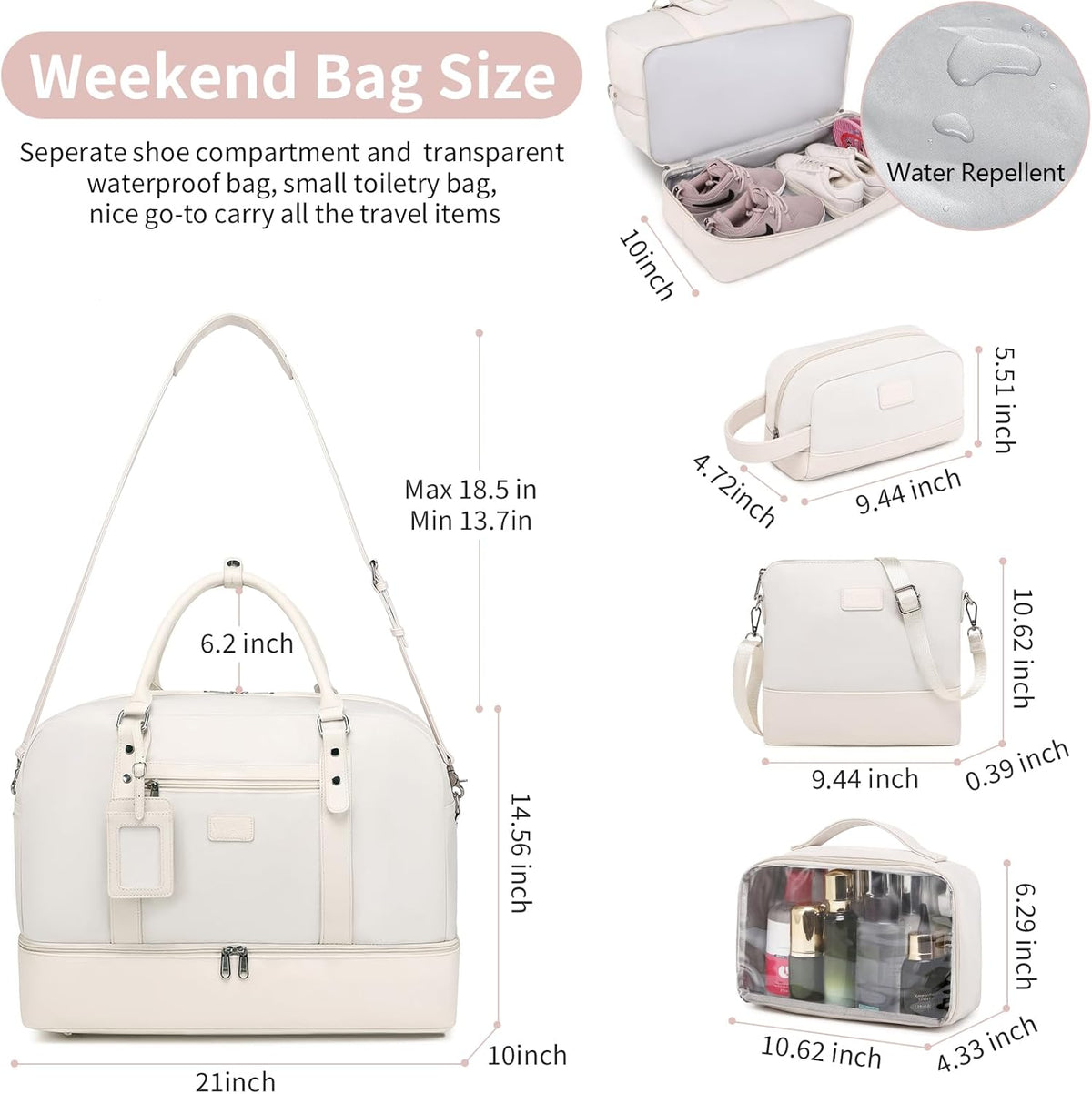 4PCS Weekender Bags for Women Large Overnight Weekend Travel Duffel Carry on Shoulder with Shoe Compartment Canvas Toiletry Bag for Travel Business Gym