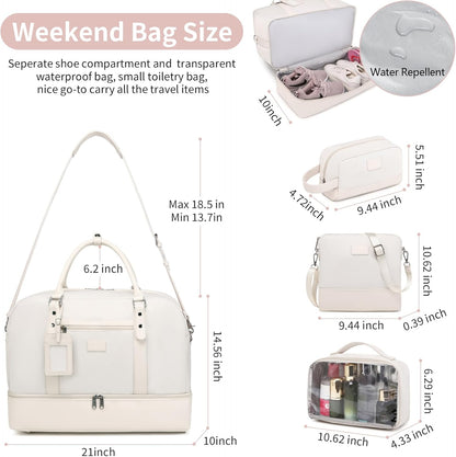4PCS Weekender Bags for Women Large Overnight Weekend Travel Duffel Carry on Shoulder with Shoe Compartment Canvas Toiletry Bag for Travel Business Gym