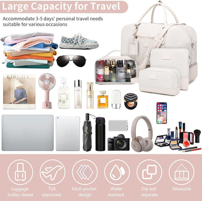 4PCS Weekender Bags for Women Large Overnight Weekend Travel Duffel Carry on Shoulder with Shoe Compartment Canvas Toiletry Bag for Travel Business Gym