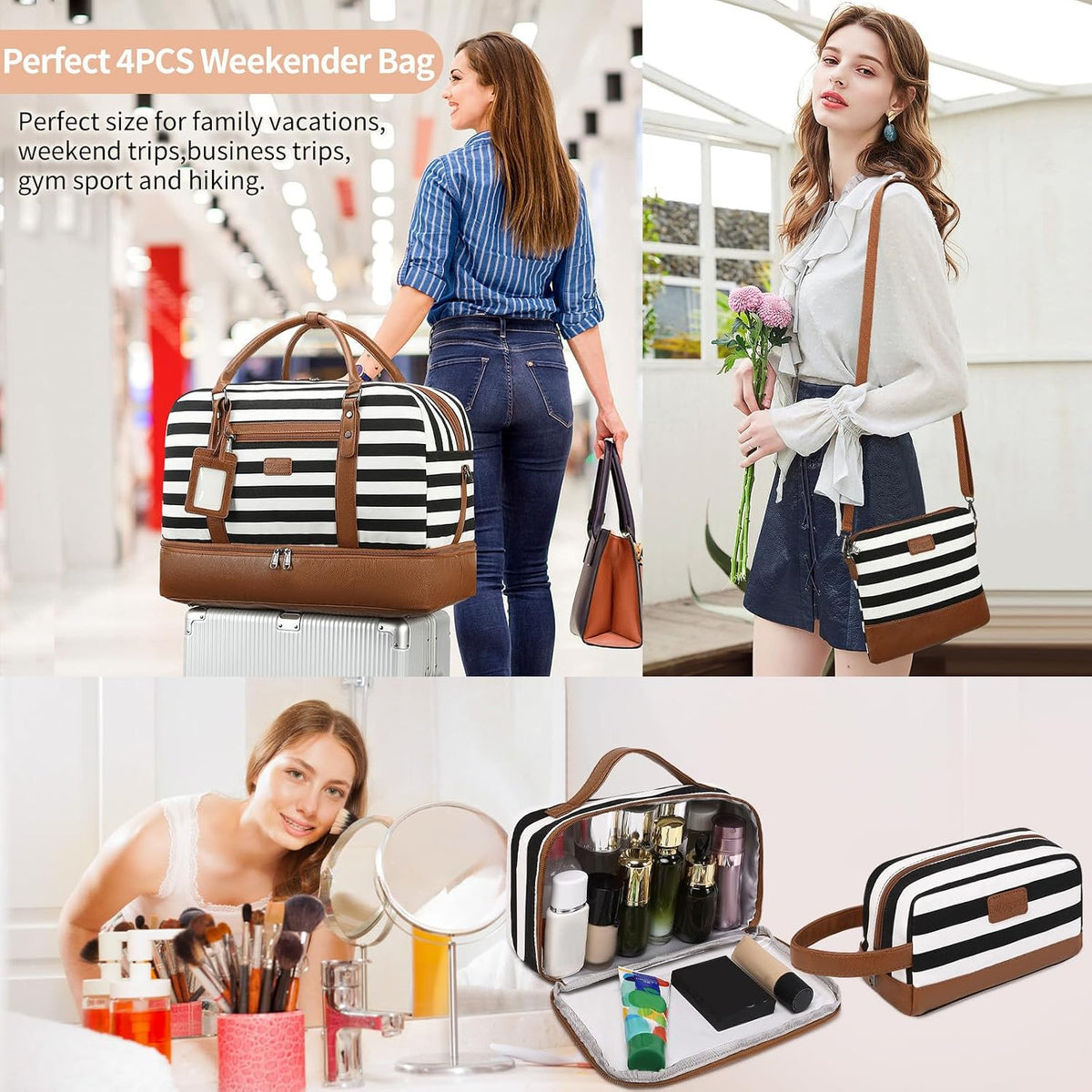 4PCS Weekender Bags for Women Large Overnight Weekend Travel Duffel Carry on Shoulder with Shoe Compartment Canvas Toiletry Bag for Travel Business Gym