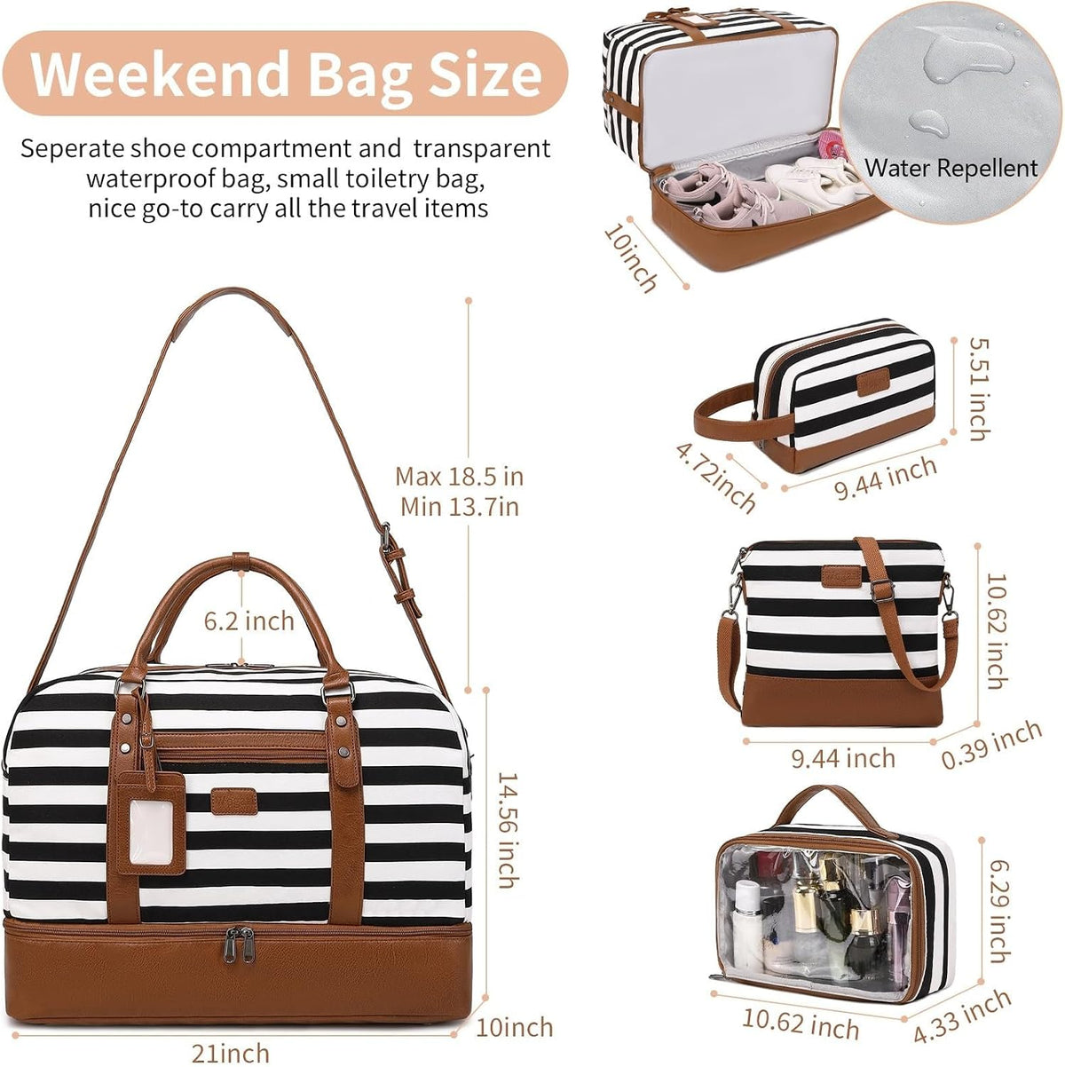 4PCS Weekender Bags for Women Large Overnight Weekend Travel Duffel Carry on Shoulder with Shoe Compartment Canvas Toiletry Bag for Travel Business Gym