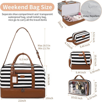 4PCS Weekender Bags for Women Large Overnight Weekend Travel Duffel Carry on Shoulder with Shoe Compartment Canvas Toiletry Bag for Travel Business Gym