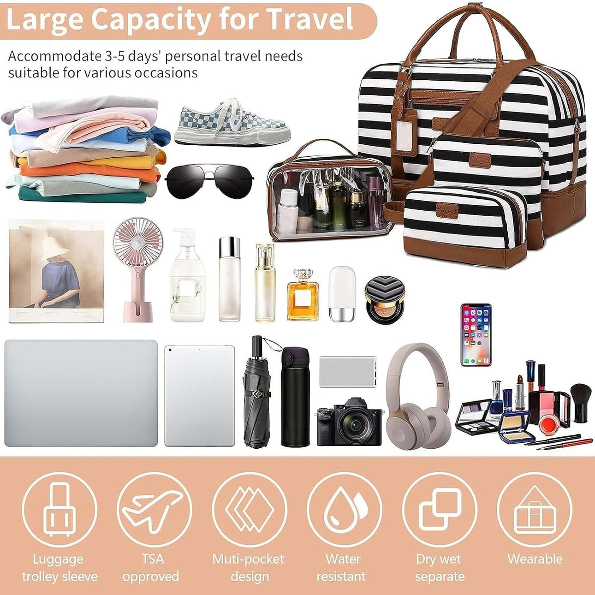 4PCS Weekender Bags for Women Large Overnight Weekend Travel Duffel Carry on Shoulder with Shoe Compartment Canvas Toiletry Bag for Travel Business Gym