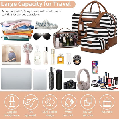 4PCS Weekender Bags for Women Large Overnight Weekend Travel Duffel Carry on Shoulder with Shoe Compartment Canvas Toiletry Bag for Travel Business Gym