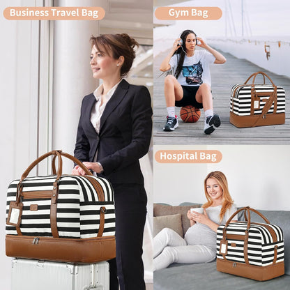 4PCS Weekender Bags for Women Large Overnight Weekend Travel Duffel Carry on Shoulder with Shoe Compartment Canvas Toiletry Bag for Travel Business Gym