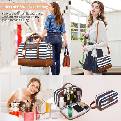 4PCS Weekender Bags for Women Large Overnight Weekend Travel Duffel Carry on Shoulder with Shoe Compartment Canvas Toiletry Bag for Travel Business Gym