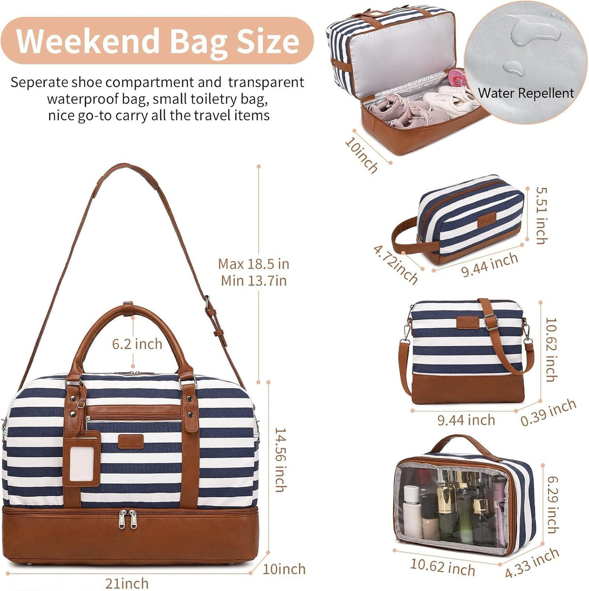 4PCS Weekender Bags for Women Large Overnight Weekend Travel Duffel Carry on Shoulder with Shoe Compartment Canvas Toiletry Bag for Travel Business Gym
