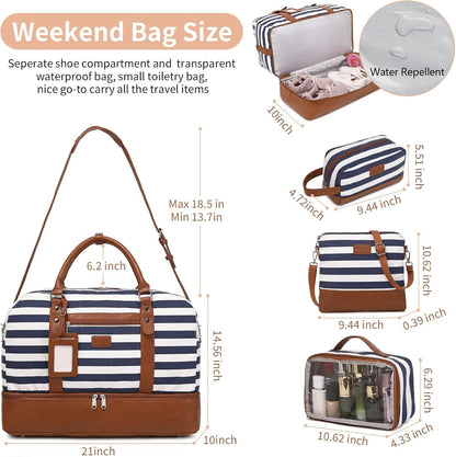 4PCS Weekender Bags for Women Large Overnight Weekend Travel Duffel Carry on Shoulder with Shoe Compartment Canvas Toiletry Bag for Travel Business Gym