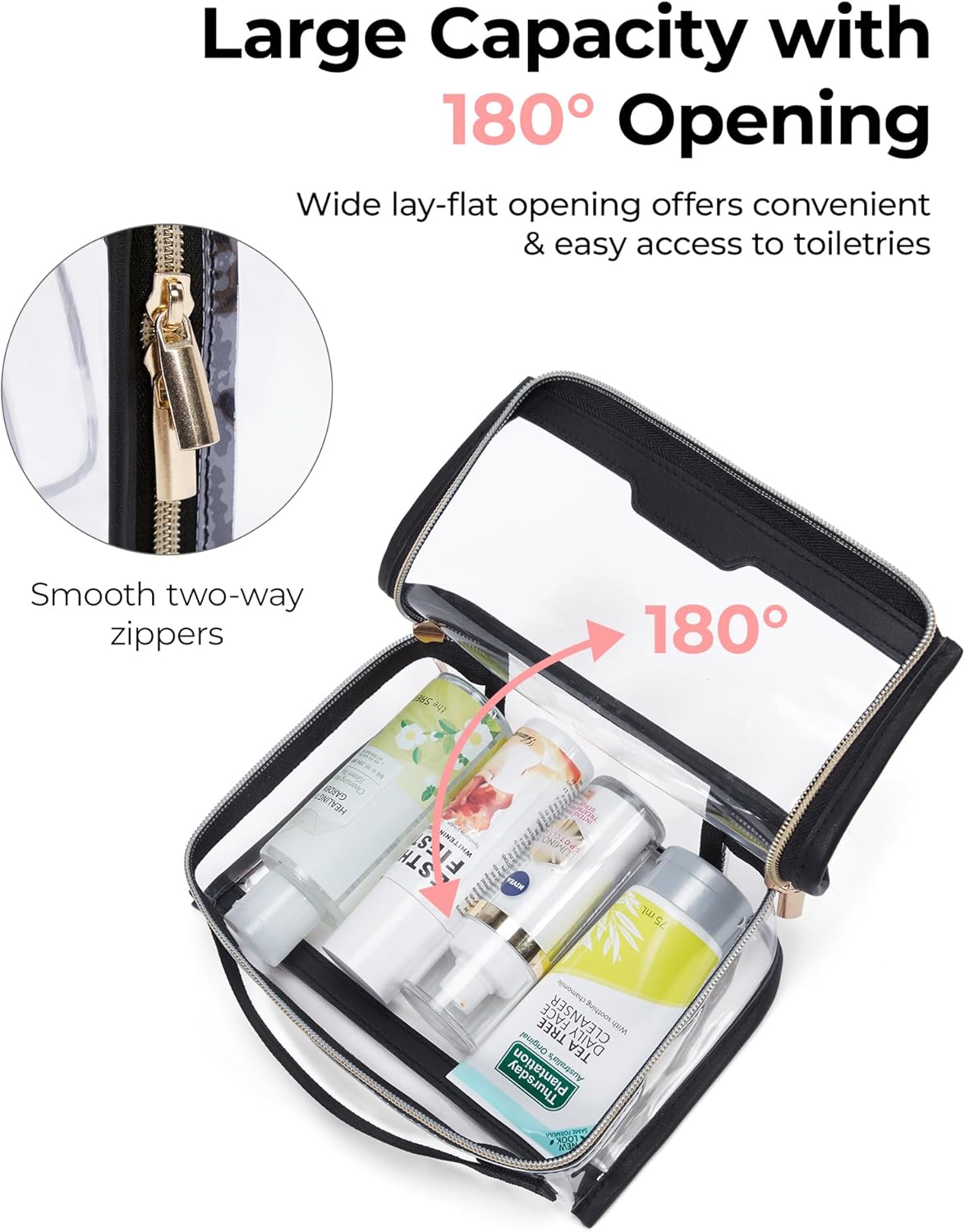 TSA Approved Toiletry Bag, Clear Travel Toiletry Bag, Makeup Cosmetic Pouch Bag for Women Quart Size Compliant Bag Organizer for Travel Essentials (Black Pack of 2,)