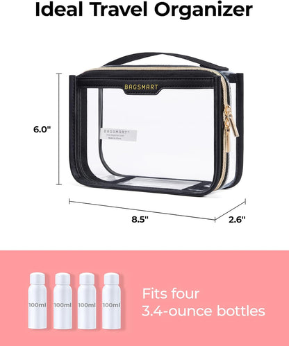 TSA Approved Toiletry Bag, Clear Travel Toiletry Bag, Makeup Cosmetic Pouch Bag for Women Quart Size Compliant Bag Organizer for Travel Essentials (Black Pack of 2,)