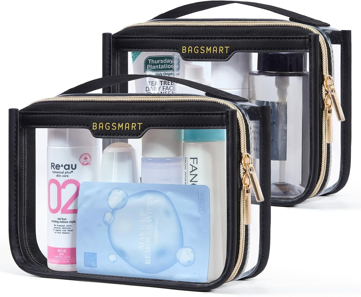 TSA Approved Toiletry Bag, Clear Travel Toiletry Bag, Makeup Cosmetic Pouch Bag for Women Quart Size Compliant Bag Organizer for Travel Essentials (Black Pack of 2,)