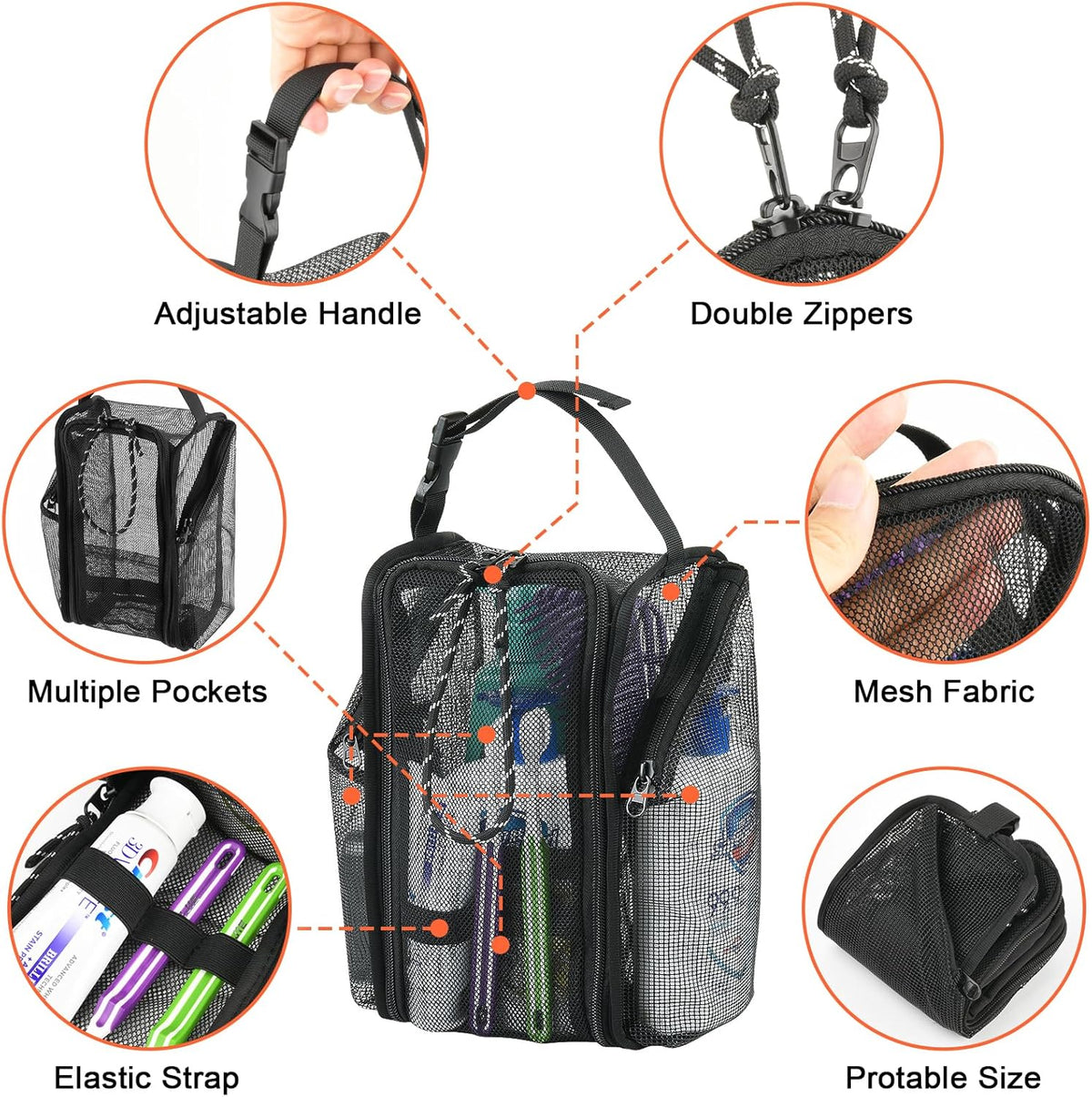 Mesh Shower Caddy Toiletry Organizer Hanging Shower Tote Bag, Quick Dry Shower Organizer Portable Bath Bag with Durable Zippers & Side Pockets for Travel, Gym, Swimming, Beach and Camp