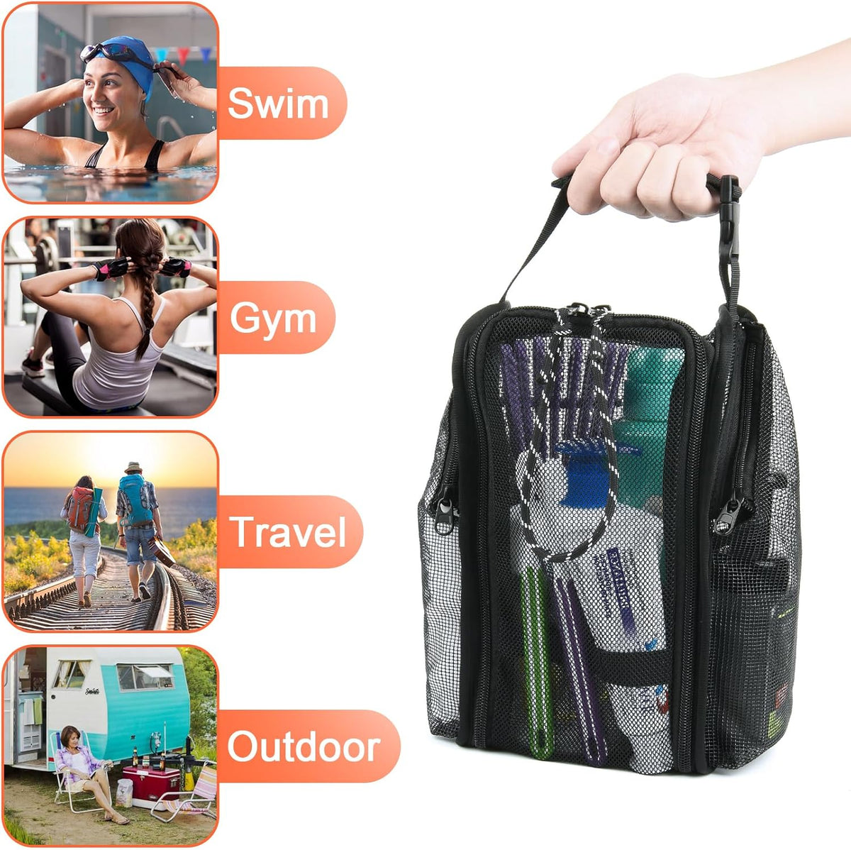 Mesh Shower Caddy Toiletry Organizer Hanging Shower Tote Bag, Quick Dry Shower Organizer Portable Bath Bag with Durable Zippers & Side Pockets for Travel, Gym, Swimming, Beach and Camp