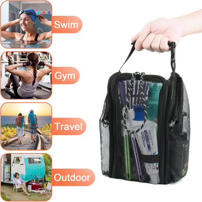 Mesh Shower Caddy Toiletry Organizer Hanging Shower Tote Bag, Quick Dry Shower Organizer Portable Bath Bag with Durable Zippers & Side Pockets for Travel, Gym, Swimming, Beach and Camp