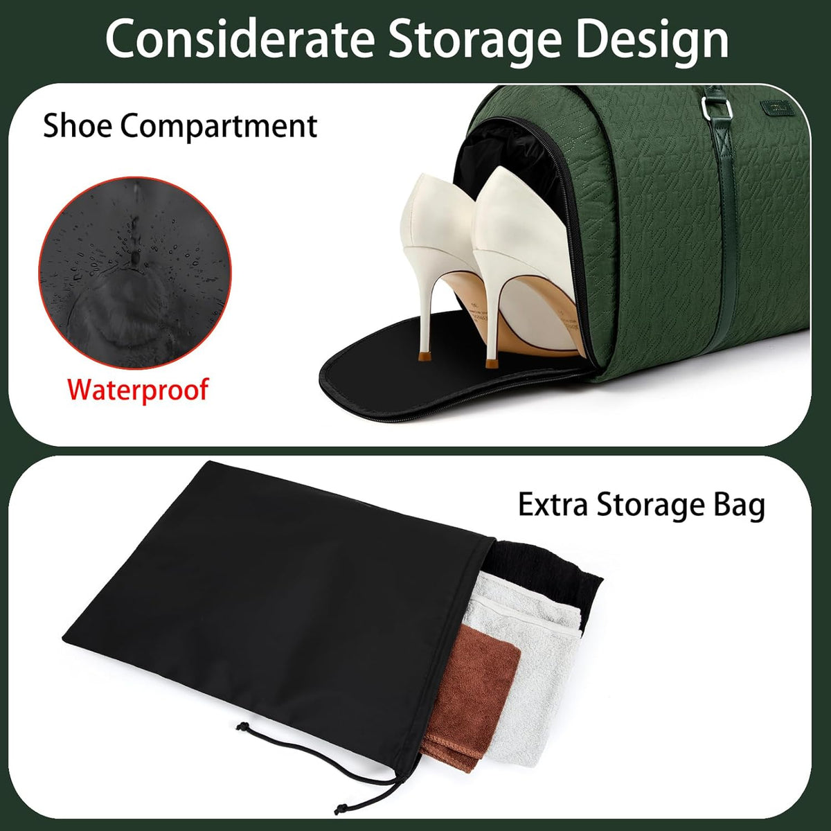Convertible Garment Duffle Bags for Travel - Carry On Garment Bags With Toiletry Bag, Large Weekender Bags for Women Men 2 in 1 Hanging Suitcase Suit Travel Duffel Bags (2pcs Set, Green)
