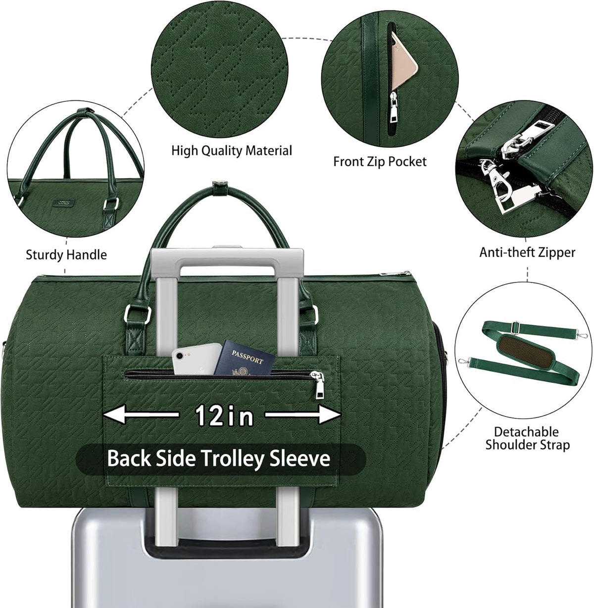 Convertible Garment Duffle Bags for Travel - Carry On Garment Bags With Toiletry Bag, Large Weekender Bags for Women Men 2 in 1 Hanging Suitcase Suit Travel Duffel Bags (2pcs Set, Green)