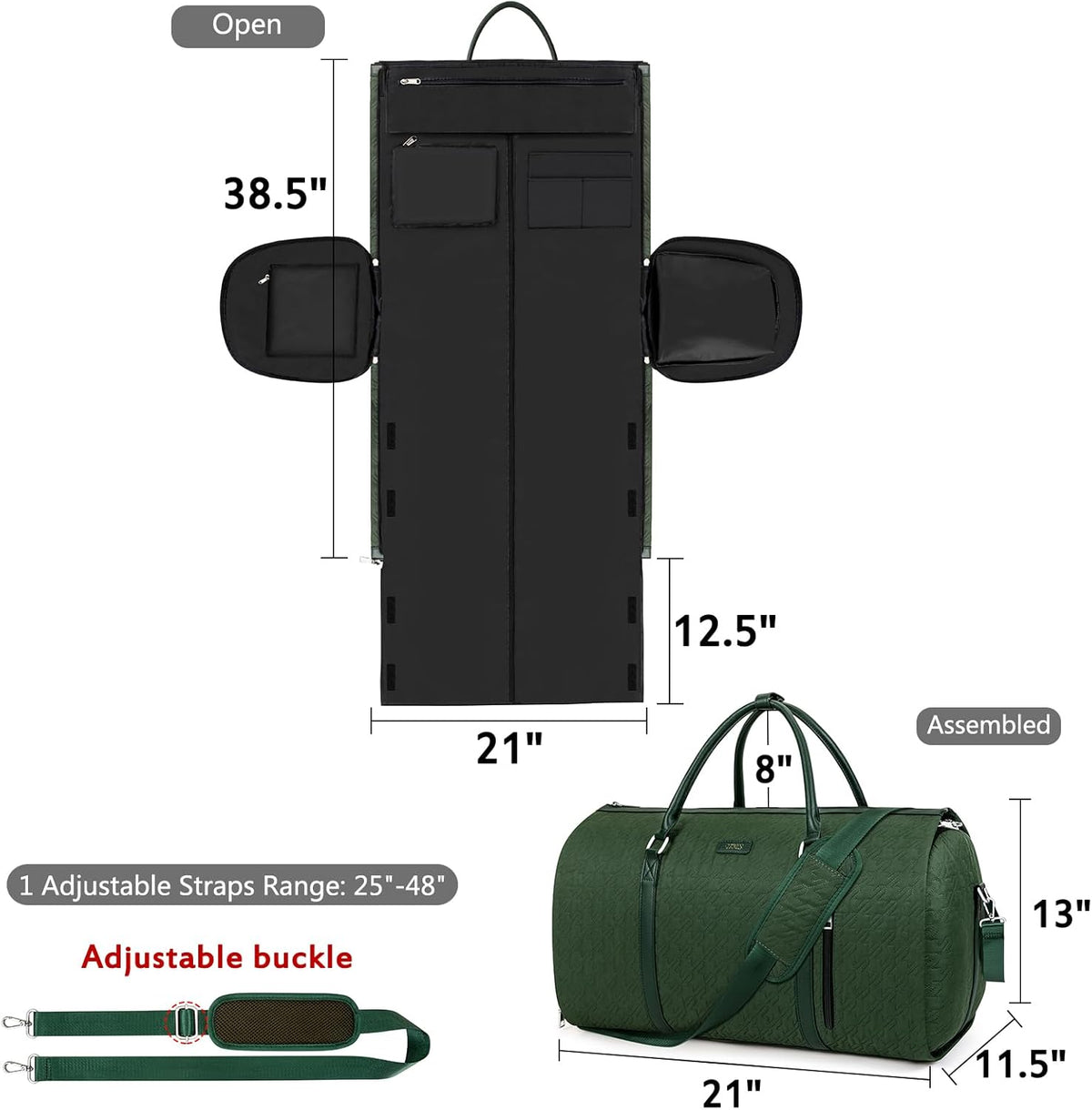 Convertible Garment Duffle Bags for Travel - Carry On Garment Bags With Toiletry Bag, Large Weekender Bags for Women Men 2 in 1 Hanging Suitcase Suit Travel Duffel Bags (2pcs Set, Green)