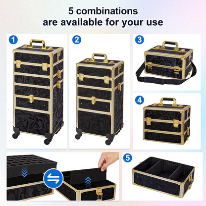Rolling Makeup Case with Drawer, Makeup Train Case, 4 in 1Cosmetology Case on Wheels, Christmas Gift, Large Makeup Case Organizers, Profesional Cosmetic Case for Salon Barber, Light pink