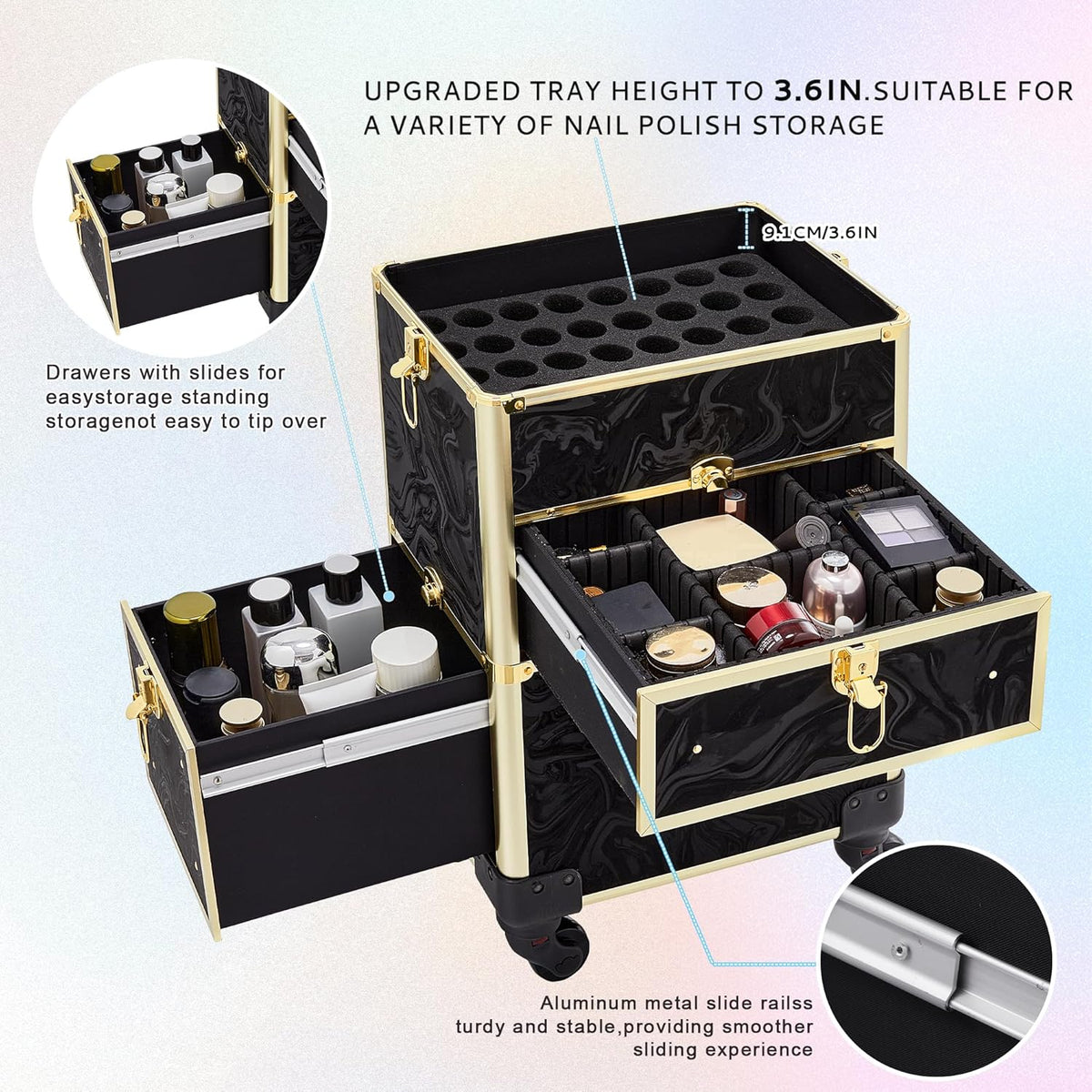Rolling Makeup Case with Drawer, Makeup Train Case, 4 in 1Cosmetology Case on Wheels, Christmas Gift, Large Makeup Case Organizers, Profesional Cosmetic Case for Salon Barber, Light pink