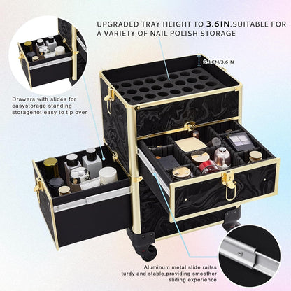 Rolling Makeup Case with Drawer, Makeup Train Case, 4 in 1Cosmetology Case on Wheels, Christmas Gift, Large Makeup Case Organizers, Profesional Cosmetic Case for Salon Barber, Light pink