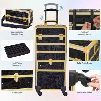 Rolling Makeup Case with Drawer, Makeup Train Case, 4 in 1Cosmetology Case on Wheels, Christmas Gift, Large Makeup Case Organizers, Profesional Cosmetic Case for Salon Barber, Light pink