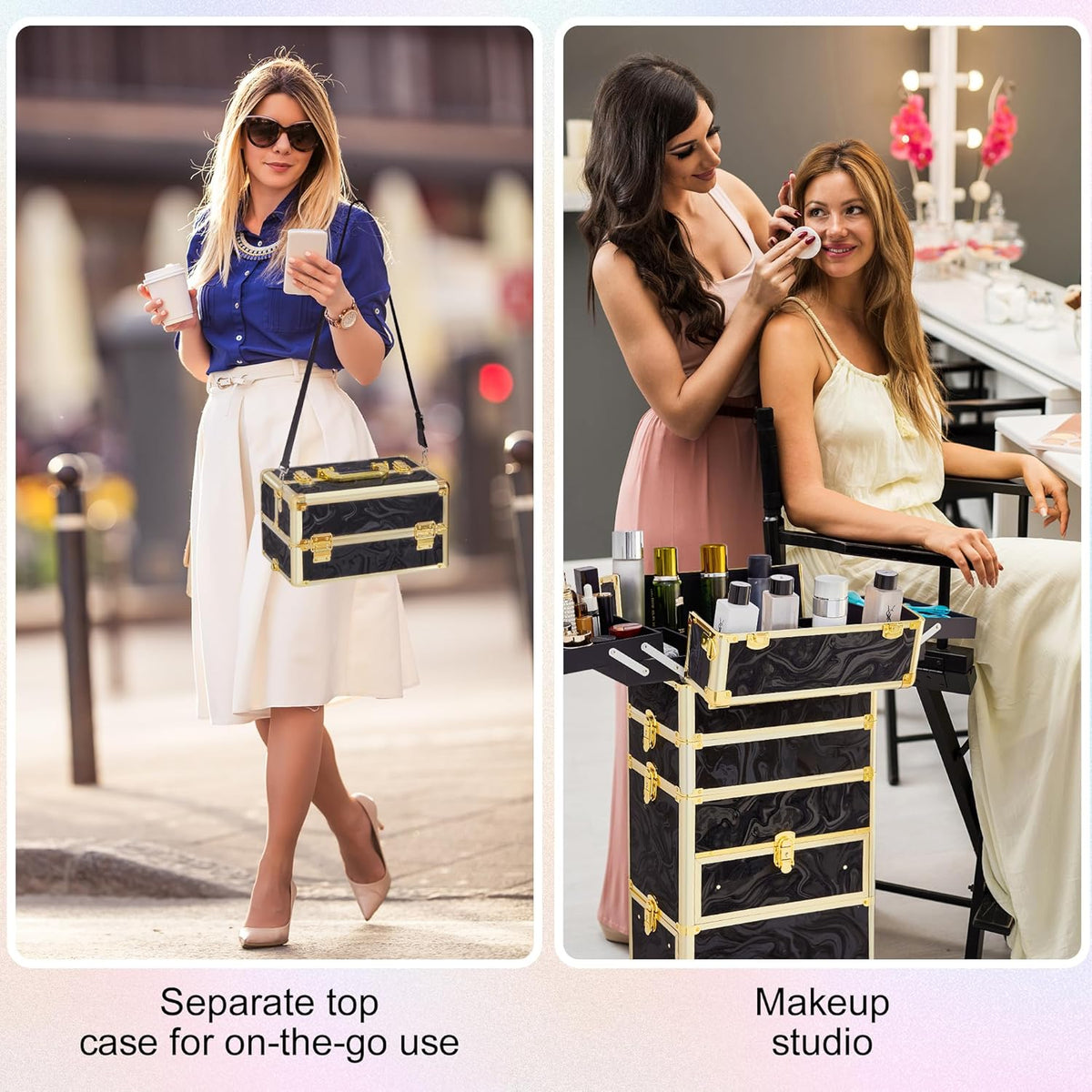 Rolling Makeup Case with Drawer, Makeup Train Case, 4 in 1Cosmetology Case on Wheels, Christmas Gift, Large Makeup Case Organizers, Profesional Cosmetic Case for Salon Barber, Light pink