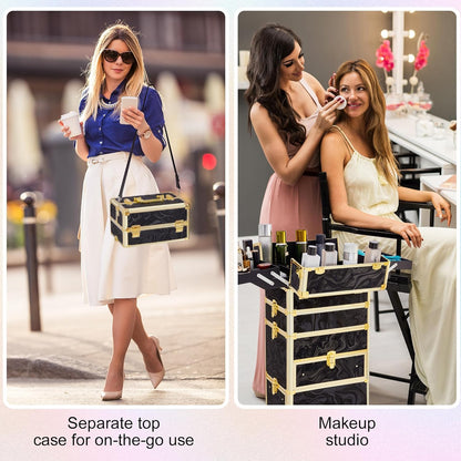 Rolling Makeup Case with Drawer, Makeup Train Case, 4 in 1Cosmetology Case on Wheels, Christmas Gift, Large Makeup Case Organizers, Profesional Cosmetic Case for Salon Barber, Light pink