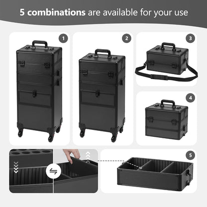 Rolling Makeup Case with Drawer, Makeup Train Case, 4 in 1Cosmetology Case on Wheels, Christmas Gift, Large Makeup Case Organizers, Profesional Cosmetic Case for Salon Barber, Light pink