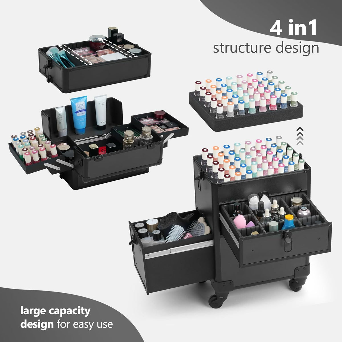 Rolling Makeup Case with Drawer, Makeup Train Case, 4 in 1Cosmetology Case on Wheels, Christmas Gift, Large Makeup Case Organizers, Profesional Cosmetic Case for Salon Barber, Light pink