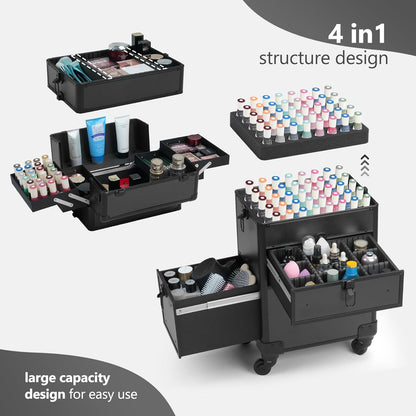 Rolling Makeup Case with Drawer, Makeup Train Case, 4 in 1Cosmetology Case on Wheels, Christmas Gift, Large Makeup Case Organizers, Profesional Cosmetic Case for Salon Barber, Light pink