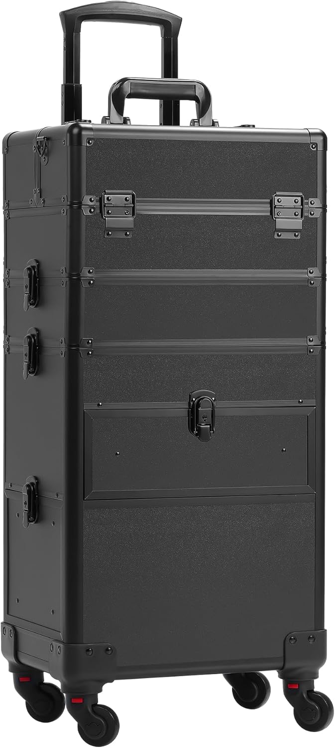 Rolling Makeup Case with Drawer, Makeup Train Case, 4 in 1Cosmetology Case on Wheels, Christmas Gift, Large Makeup Case Organizers, Profesional Cosmetic Case for Salon Barber, Light pink
