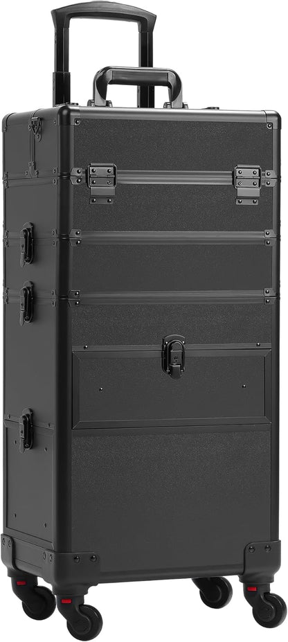 Rolling Makeup Case with Drawer, Makeup Train Case, 4 in 1Cosmetology Case on Wheels, Christmas Gift, Large Makeup Case Organizers, Profesional Cosmetic Case for Salon Barber, Light pink