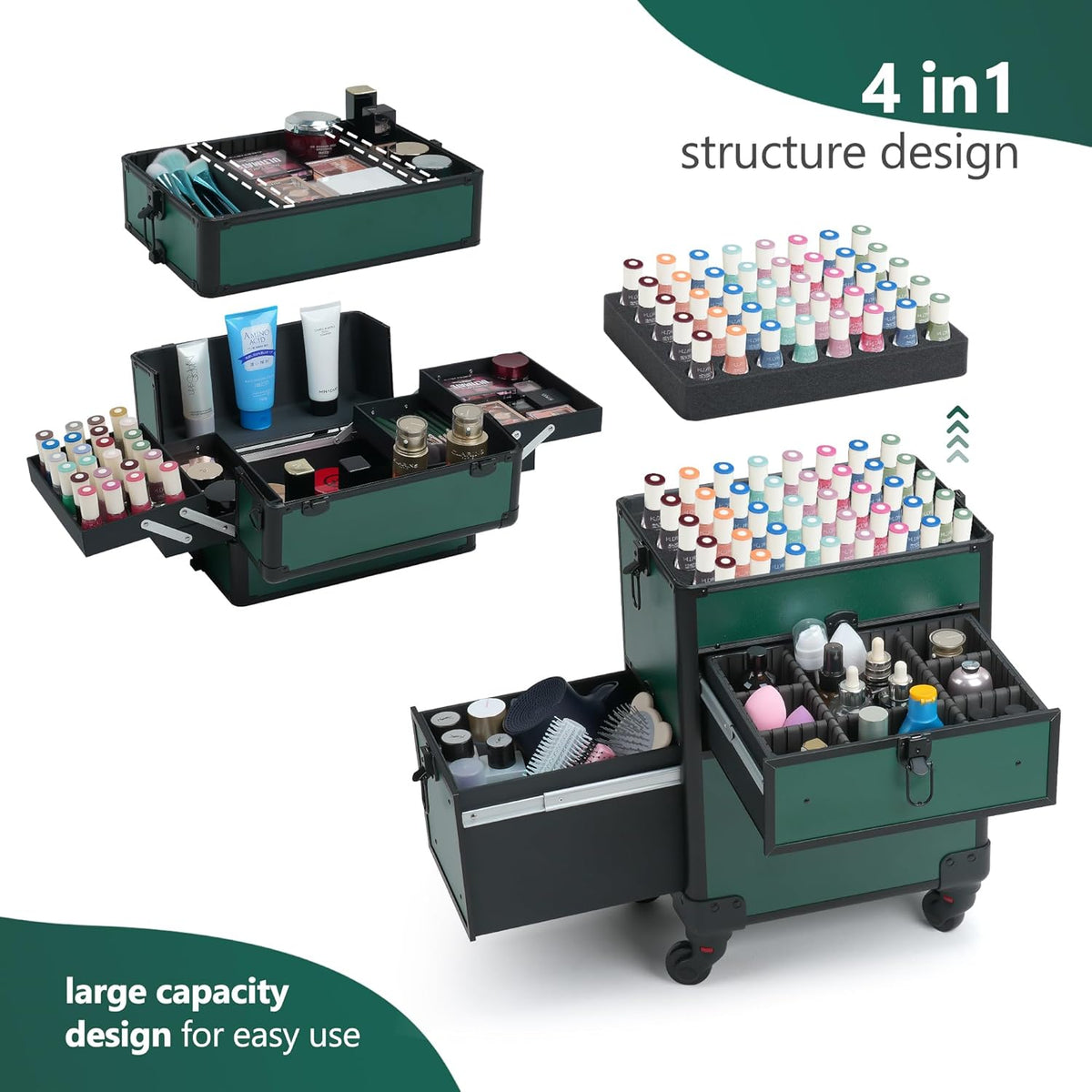 Rolling Makeup Case with Drawer, Makeup Train Case, 4 in 1Cosmetology Case on Wheels, Christmas Gift, Large Makeup Case Organizers, Profesional Cosmetic Case for Salon Barber, Light pink