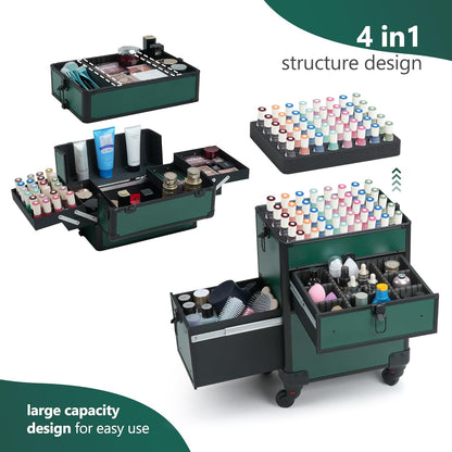 Rolling Makeup Case with Drawer, Makeup Train Case, 4 in 1Cosmetology Case on Wheels, Christmas Gift, Large Makeup Case Organizers, Profesional Cosmetic Case for Salon Barber, Light pink