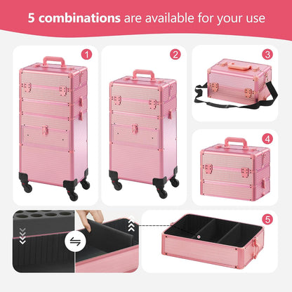 Rolling Makeup Case with Drawer, Makeup Train Case, 4 in 1Cosmetology Case on Wheels, Christmas Gift, Large Makeup Case Organizers, Profesional Cosmetic Case for Salon Barber, Light pink