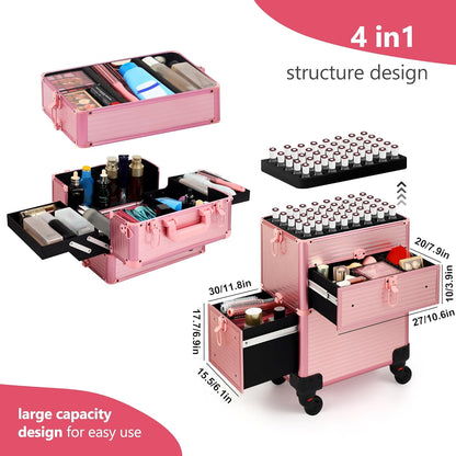 Rolling Makeup Case with Drawer, Makeup Train Case, 4 in 1Cosmetology Case on Wheels, Christmas Gift, Large Makeup Case Organizers, Profesional Cosmetic Case for Salon Barber, Light pink