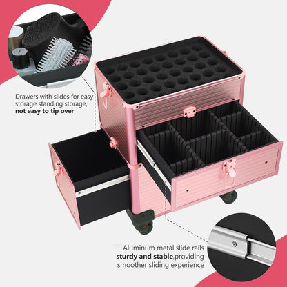 Rolling Makeup Case with Drawer, Makeup Train Case, 4 in 1Cosmetology Case on Wheels, Christmas Gift, Large Makeup Case Organizers, Profesional Cosmetic Case for Salon Barber, Light pink