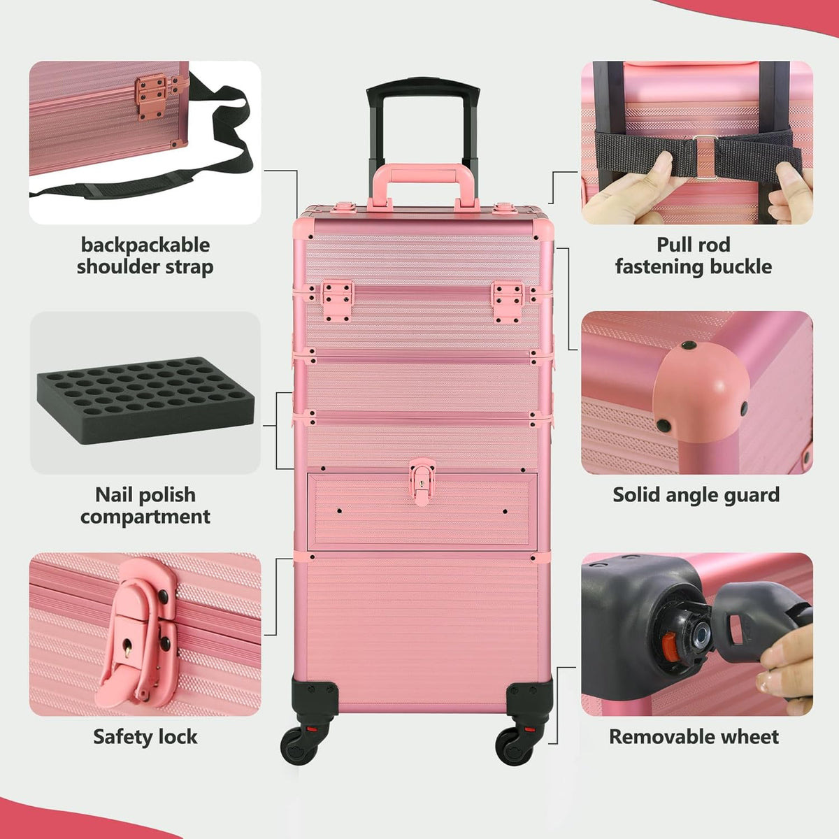 Rolling Makeup Case with Drawer, Makeup Train Case, 4 in 1Cosmetology Case on Wheels, Christmas Gift, Large Makeup Case Organizers, Profesional Cosmetic Case for Salon Barber, Light pink
