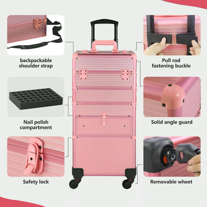 Rolling Makeup Case with Drawer, Makeup Train Case, 4 in 1Cosmetology Case on Wheels, Christmas Gift, Large Makeup Case Organizers, Profesional Cosmetic Case for Salon Barber, Light pink