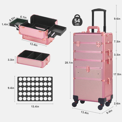 Rolling Makeup Case with Drawer, Makeup Train Case, 4 in 1Cosmetology Case on Wheels, Christmas Gift, Large Makeup Case Organizers, Profesional Cosmetic Case for Salon Barber, Light pink