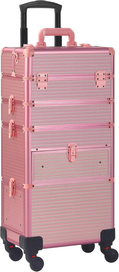 Rolling Makeup Case with Drawer, Makeup Train Case, 4 in 1Cosmetology Case on Wheels, Christmas Gift, Large Makeup Case Organizers, Profesional Cosmetic Case for Salon Barber, Light pink