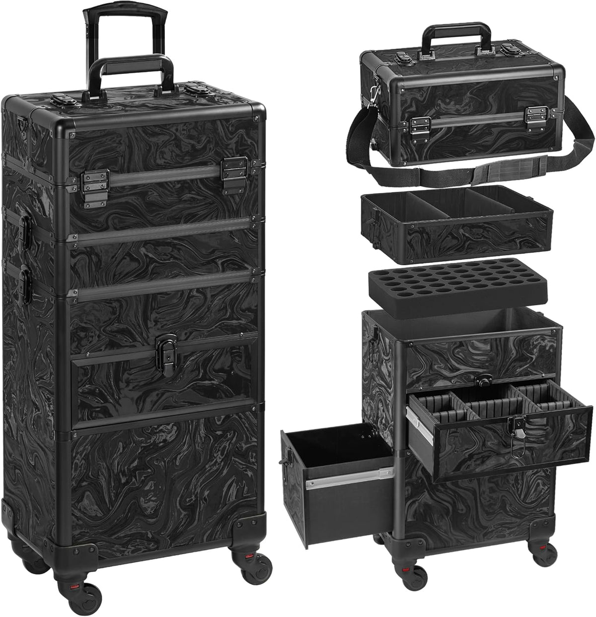 Rolling Makeup Case with Drawer, Makeup Train Case, 4 in 1Cosmetology Case on Wheels, Christmas Gift, Large Makeup Case Organizers, Profesional Cosmetic Case for Salon Barber, Light pink